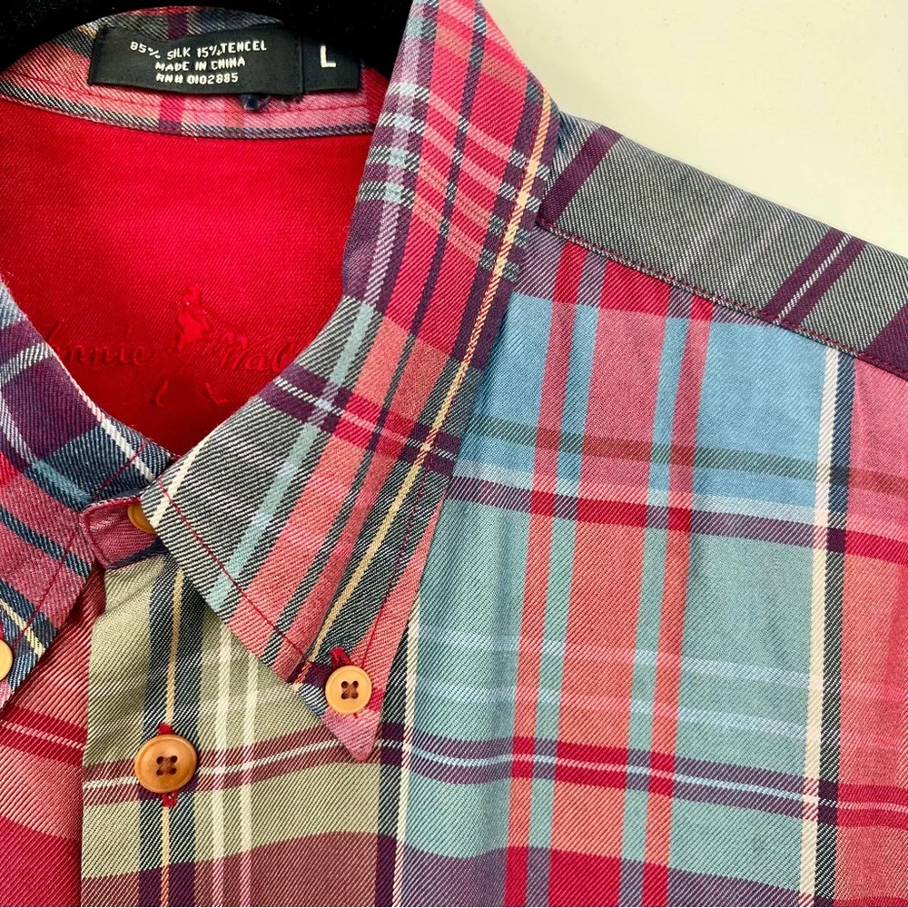 Johnnie Walker Plaid Button Down Long Sleeve Dress Shirt Men Silk Tencel L - Picture 2 of 6